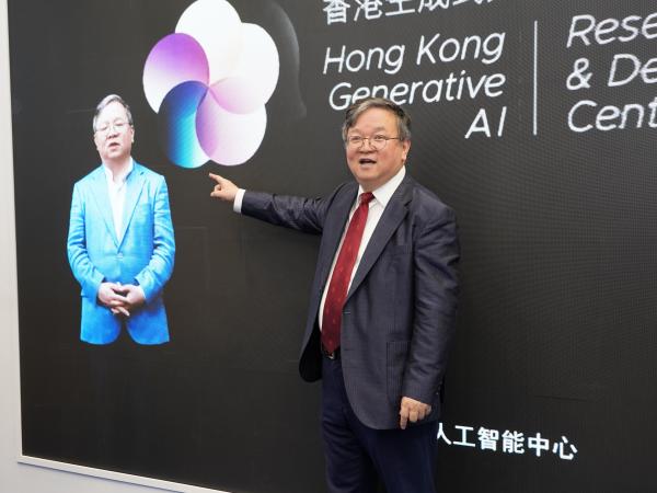 郭教授和他在HKGAI简介影片中的人工智能生成虚拟形象合照。