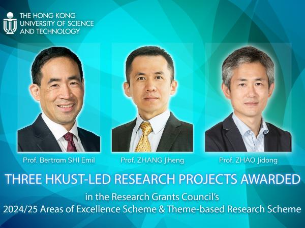The three HKUST research projects led by Prof. Bertram SHI Emil, Professor of the Department of Electronic and Computer Engineering (left); Prof. ZHANG Jiheng, Head and Professor of the Department of Industrial Engineering and Decision Analytics (middle); and Prof. ZHAO Jidong, Professor of the Department of Civil and Environmental Engineering (right), were awarded a total funding of HK$212.5 million by the RGC’s AoE Scheme and the TRS Scheme 2024/25.