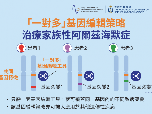 香港科大及香港神經退行性疾病中心的研究團隊開發了一種新型的「一對多」基因編輯策略，用於治療家族性阿爾茲海默症（FAD）。