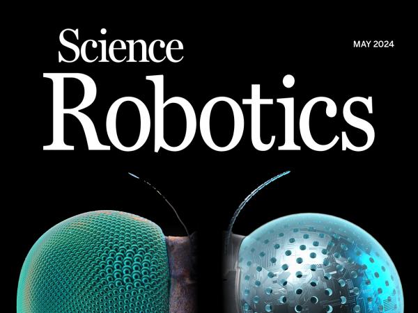 The research paper was featured as the cover article in Science Robotics (Volume 9, Issue 90) in May 2024. The cover shows a fusion of an image composite of a robber fly’s eye on the left and an illustration of the pinhole compound eye on the right.