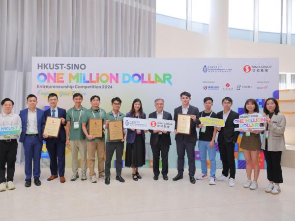 Ir Andrew YOUNG, Advisor (Innovation) of Sino Group and Adjunct Professor of the Division of Integrative Systems and Design at HKUST (6th from the right); Prof. Carrie LING, Director of HKUST Entrepreneurship Center (7th from the left) and the winners of HKUST track including EC Innovation Limited (Silver Award); TerraGreen Limited (Gold Award) and Pest0 (Platinum Award).