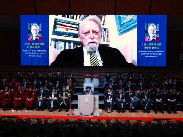 The Honorary Doctorate recipient Prof. David MUMFORD addresses the ceremony virtually