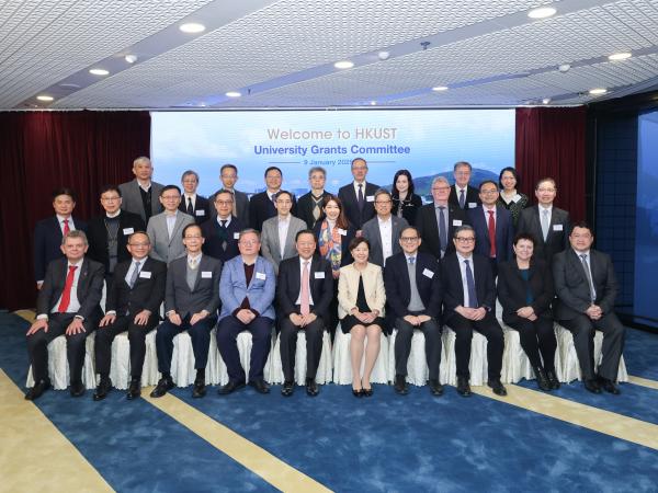 The UGC delegation, led by UGC Chairman Mr. Tim LUI (fifth left, first row), visits HKUST on January 9, 2025 to learn more about the University’s latest research and innovation endeavours. The guests are warmly received by HKUST President Prof. Nancy IP (fifth right, first row), senior management, and school deans. 